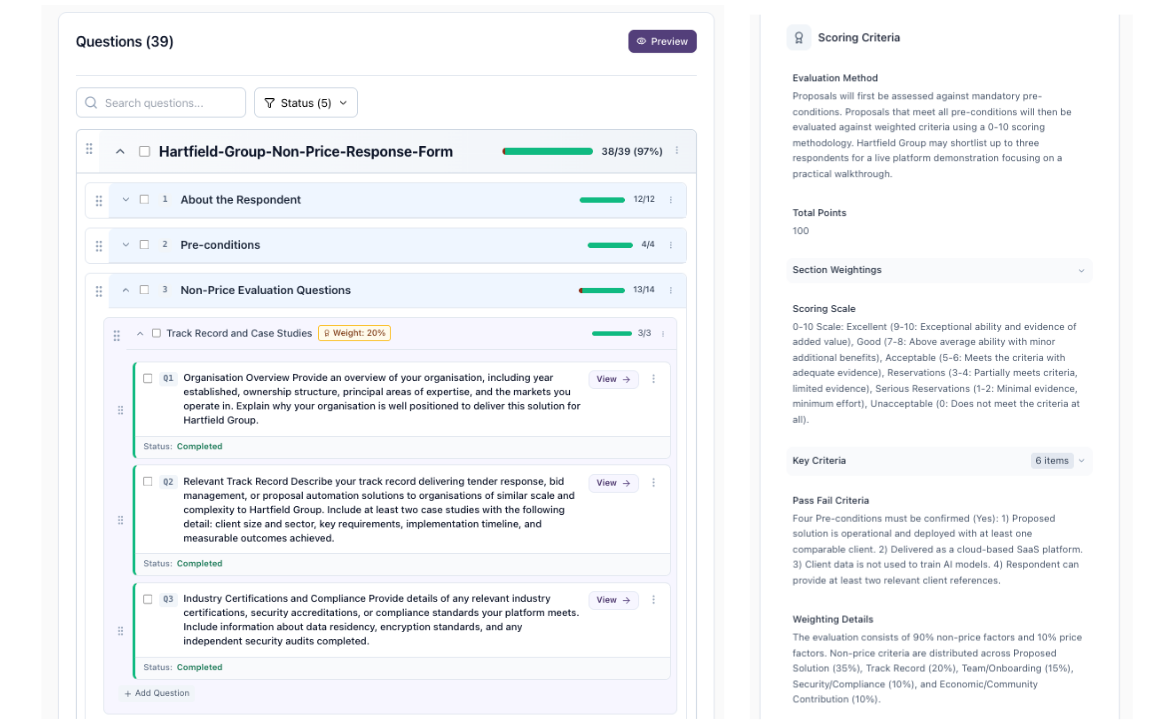 Structured questions view with sections, progress tracking and completion status