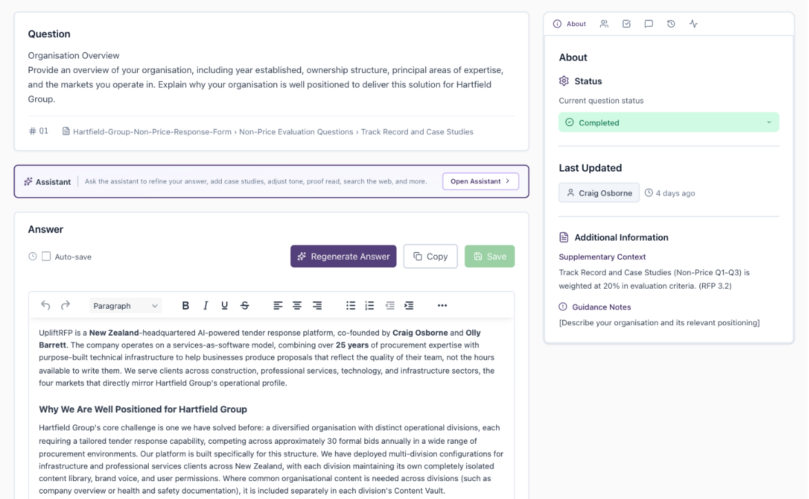 AI-generated draft answer with rich text editor, regenerate and save options