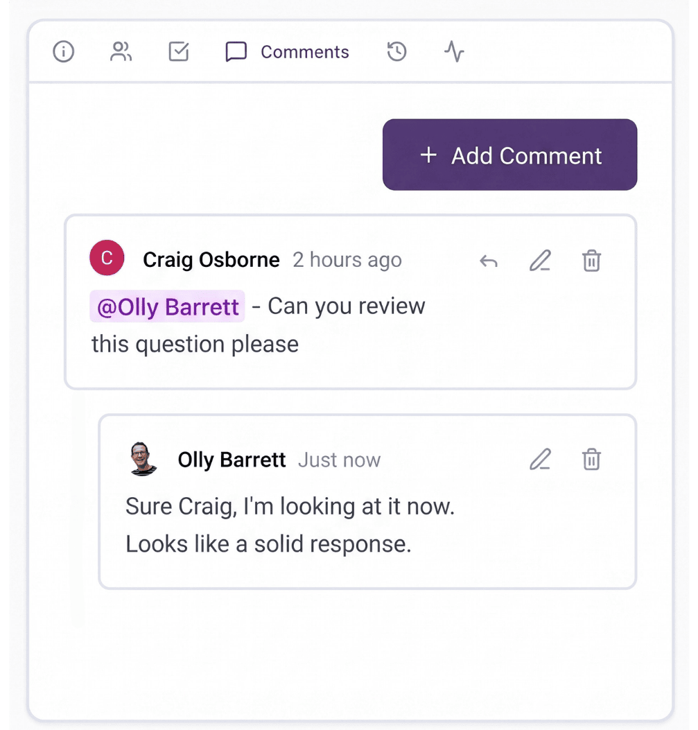 In-platform comments between team members reviewing a question