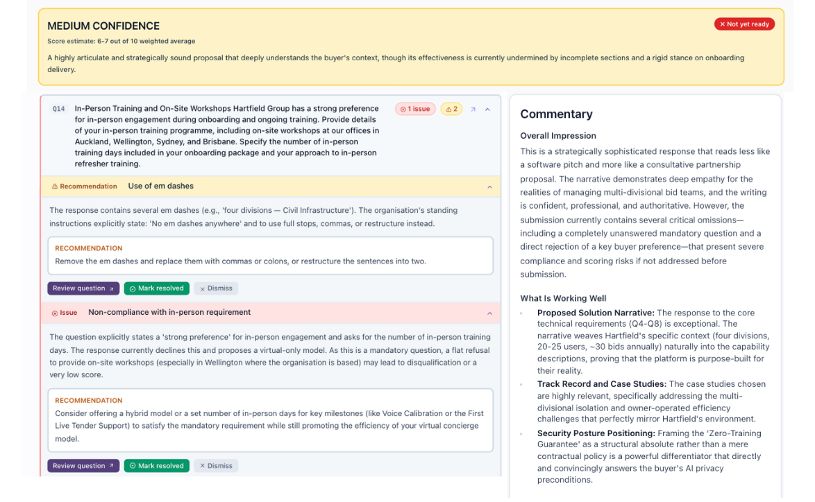 QA assessment showing confidence score, issues, recommendations and commentary