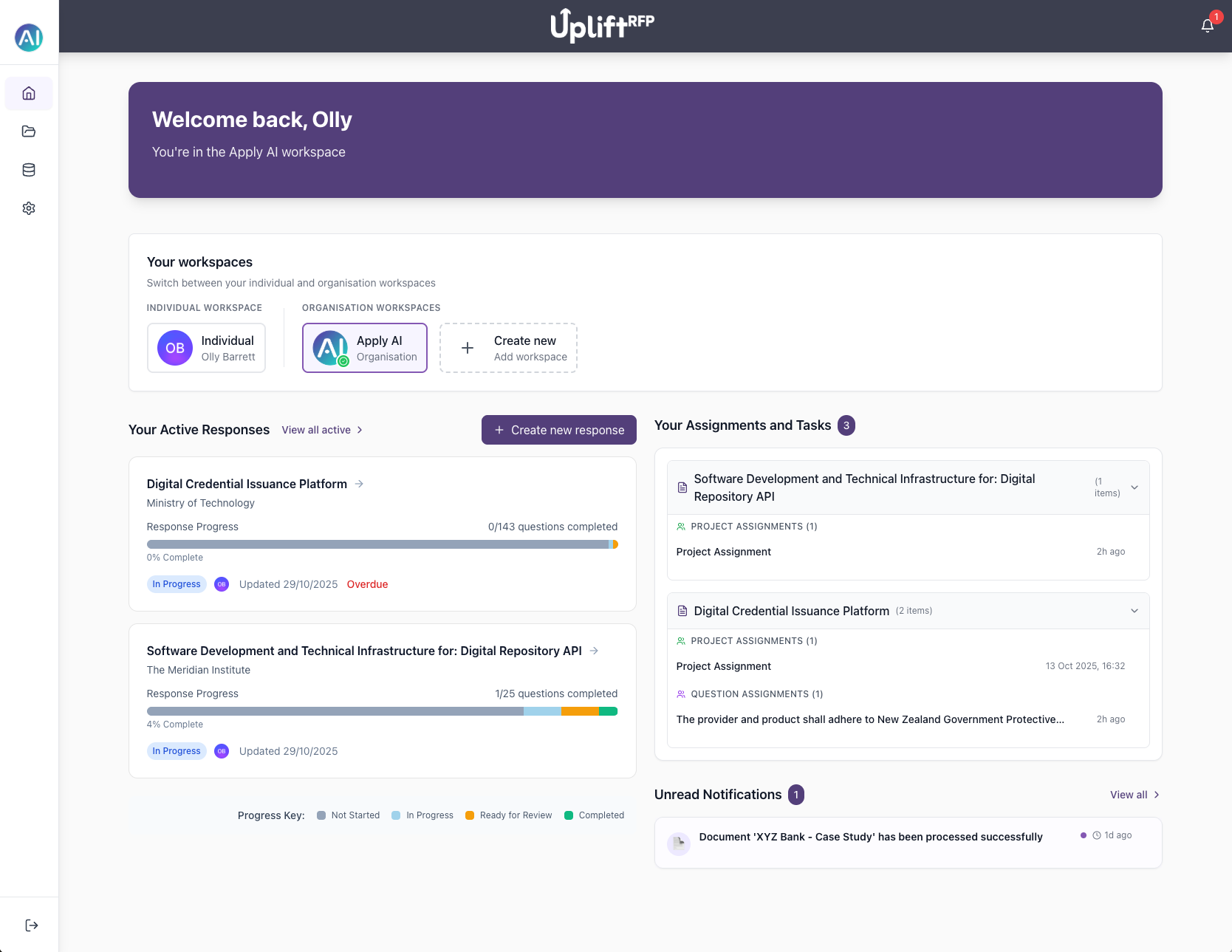 UpliftRFP Dashboard - Overview of all your RFPs and tender responses